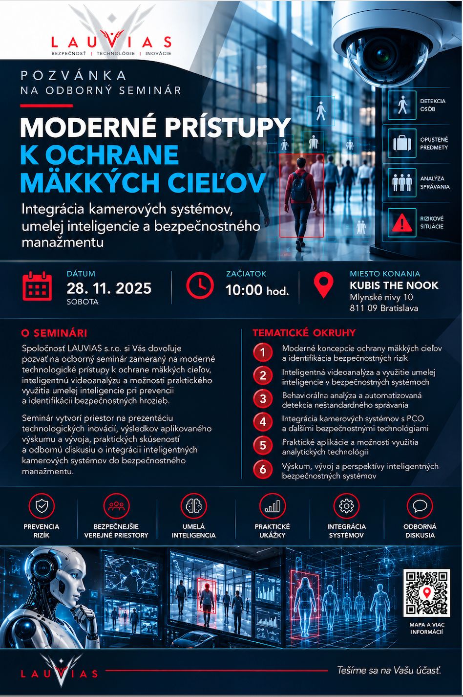 Pozvánka LAUVIAS na odborný seminár Moderné prístupy k ochrane mäkkých cieľov, 28. novembra 2025, KUBIS THE NOOK, Mlynské nivy 10, Bratislava.